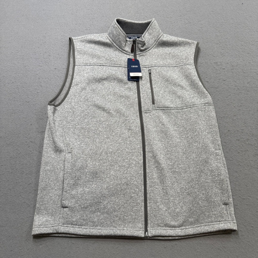 NEW IZOD Vest Mens XL Gray Heathered Zip Up Fleece Lined Mockneck Hiking Outdoor